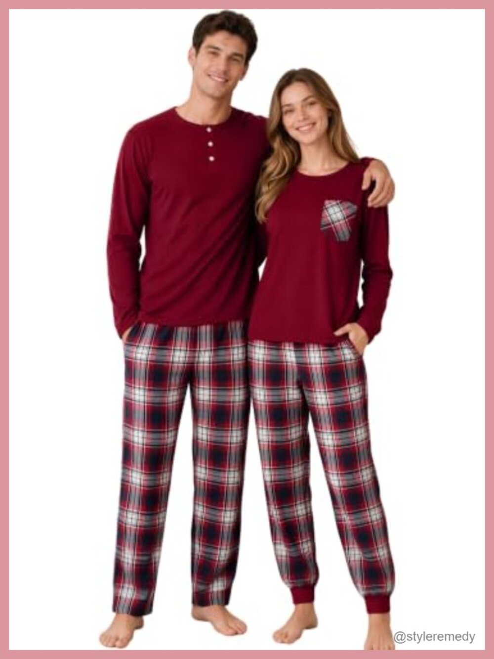 100% Cotton Men's Pajama Set Long Sleeve Plaid Pants Loungewear